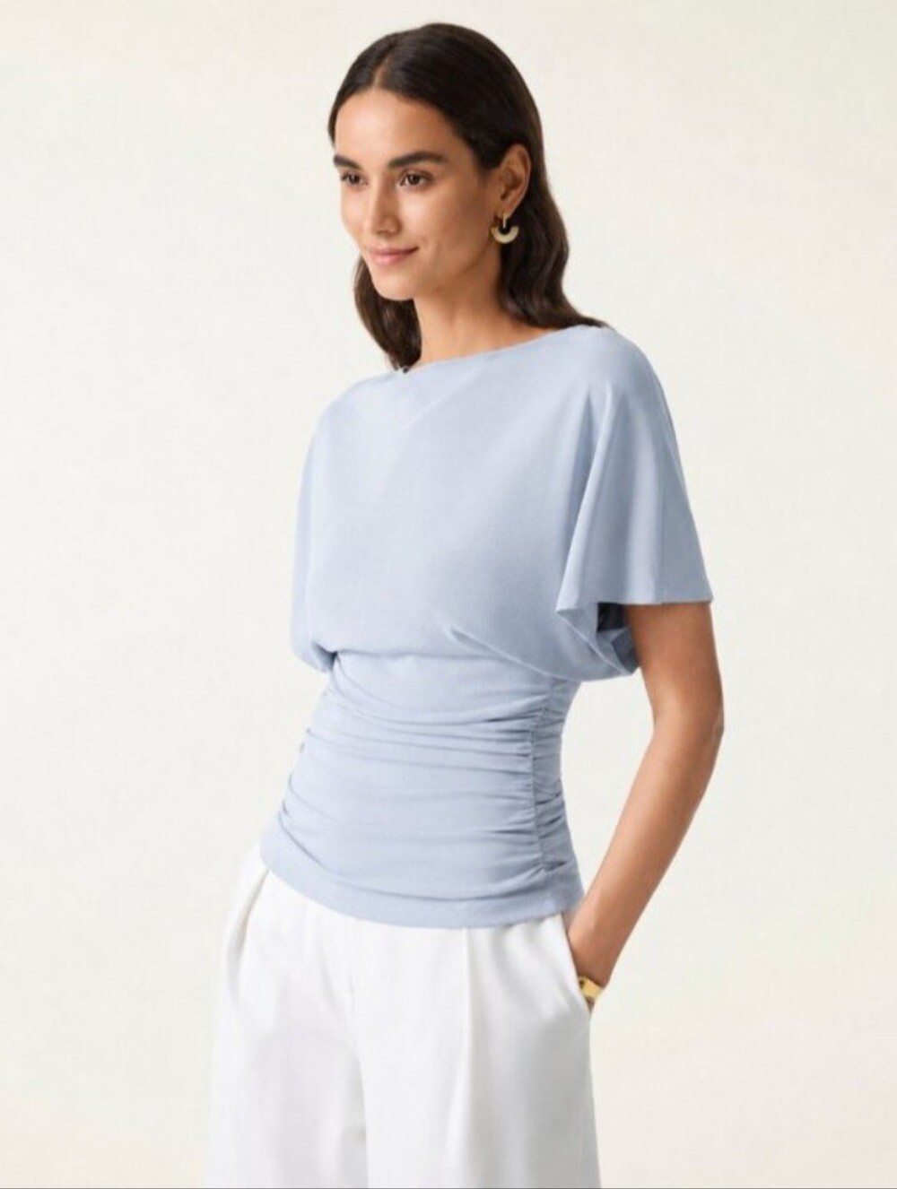 NWT OGL Sandwashed Effortless Boatneck Batwing Sleeve Side Ruched Top Light Blue